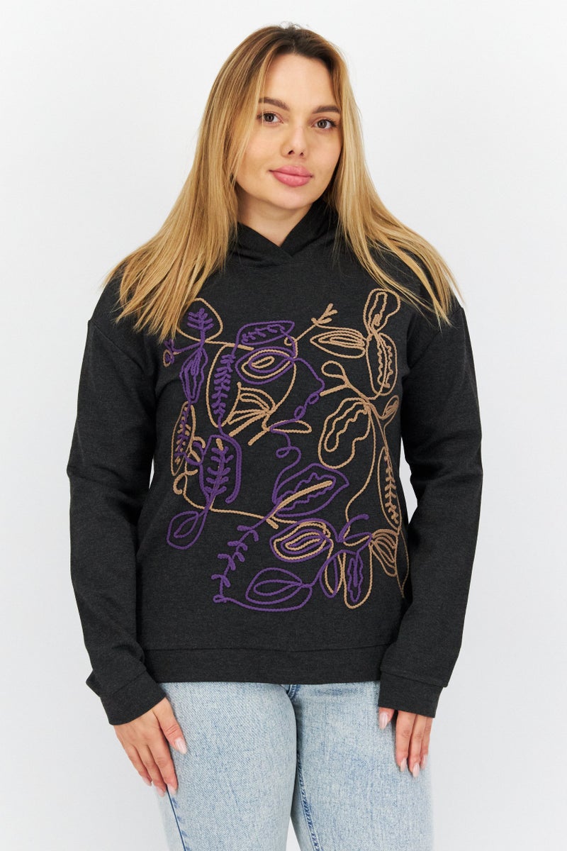 COMMA Women Hooded Long Sleeves Embroidered Sweatshirts, Black - Image 1